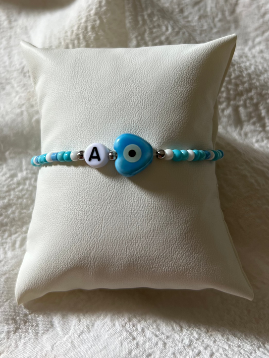 Initial Bracelet - Blue Heart Evil Eye