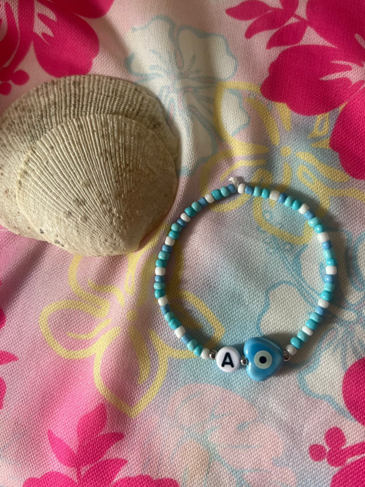 Initial Bracelet - Blue Heart Evil Eye